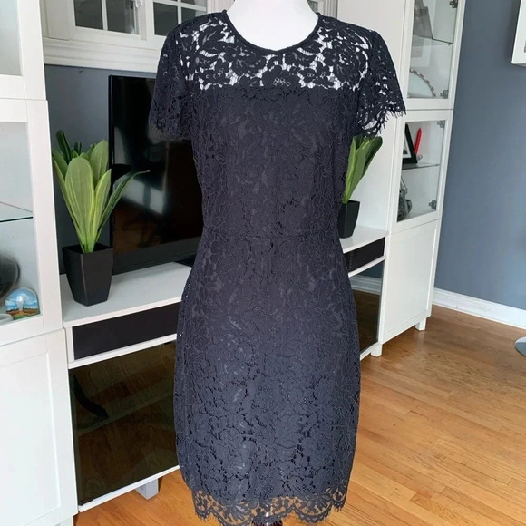 Banana Republic Lace Overlay Sheath Dress Raw Scalloped Hem Lined Size 0 NWT - Picture 1 of 14